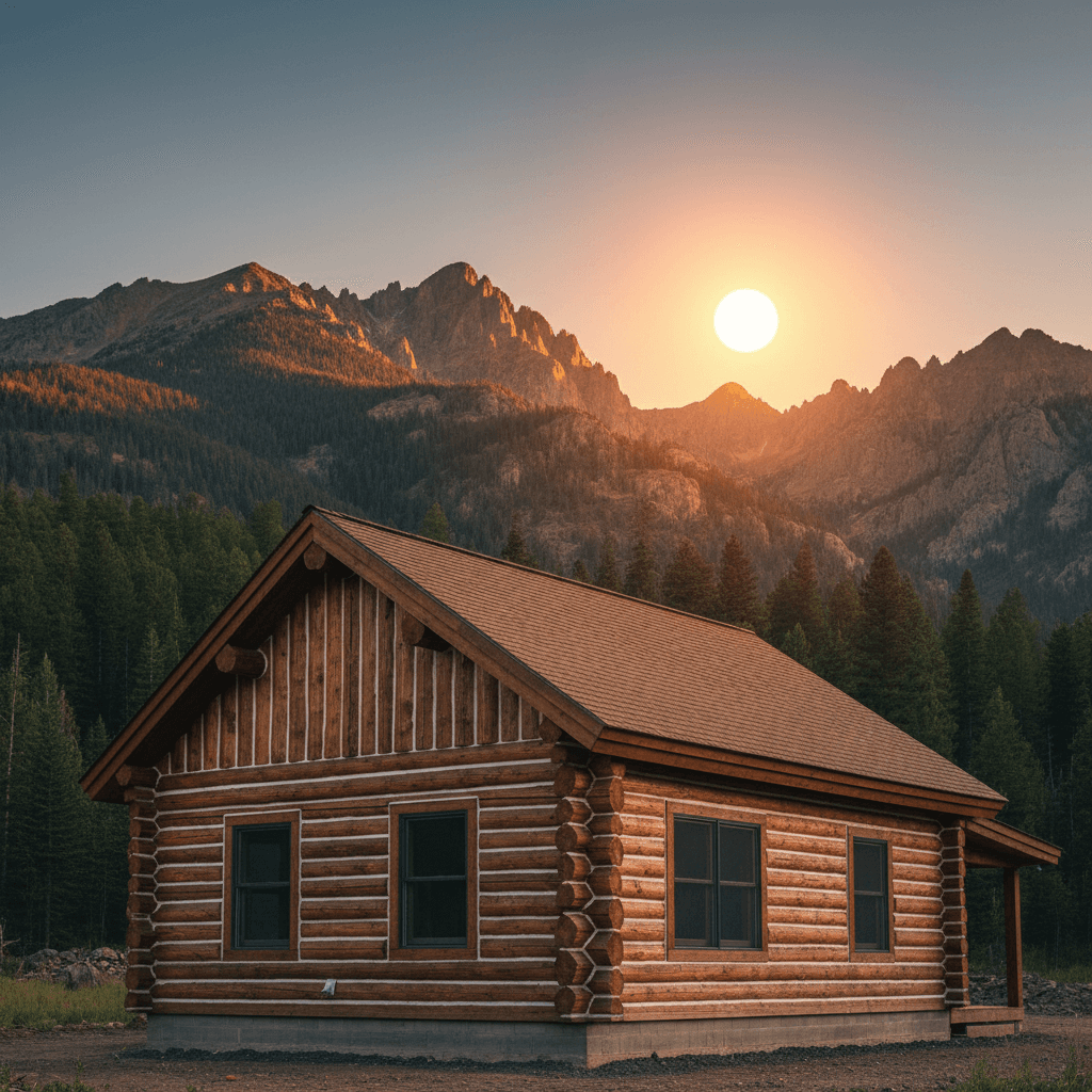 Fully restored log cabin at golden hour in Utah mountains