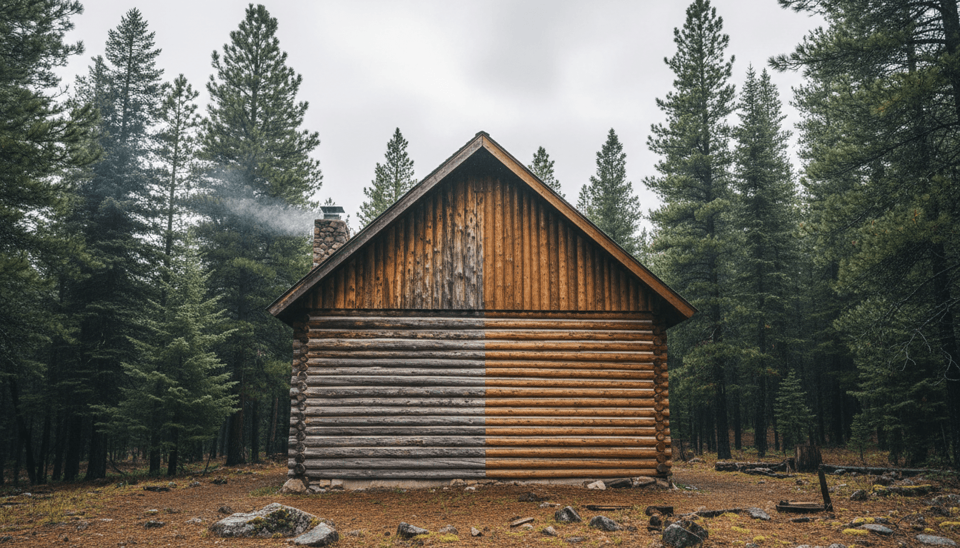 Utah log cabin half-restored showing the difference old finish versus new stain