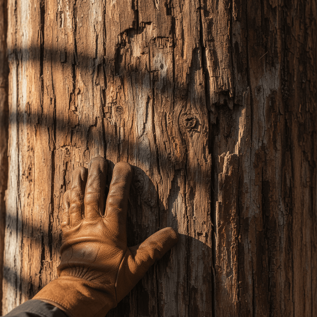 Close-up of weathered log grain under morning light