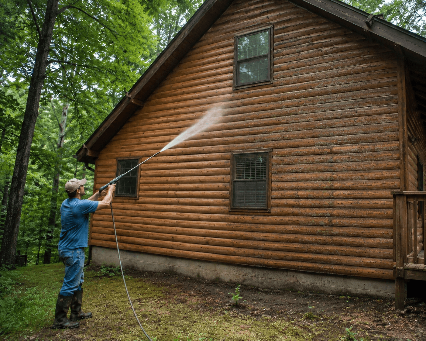 Man pressure washing the wooden logs of a cabin exterior in a wooded area.
