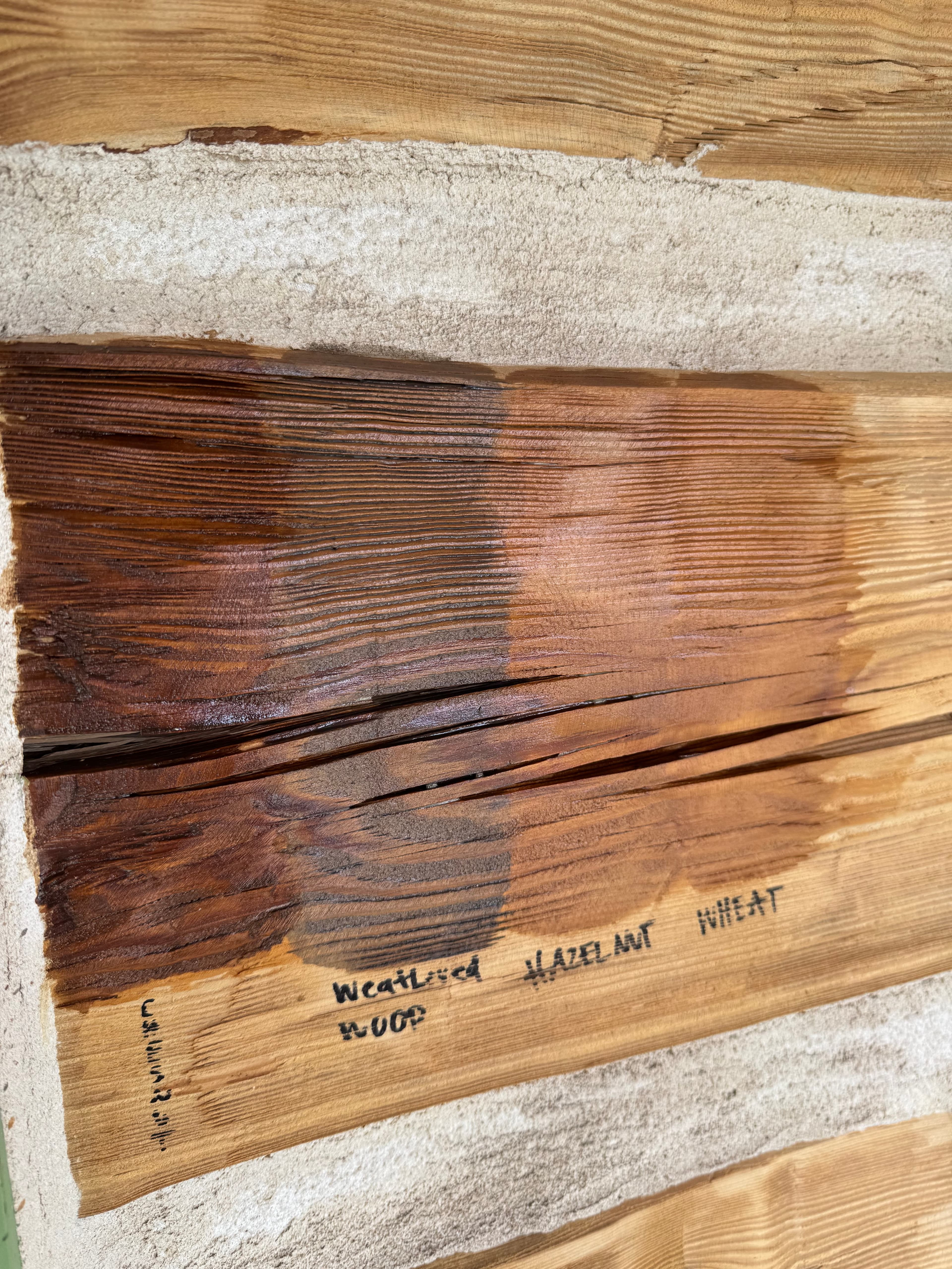 Three wood stain samples labeled Weathered Wood, Hazelnut, and Wheat on a cracked log.